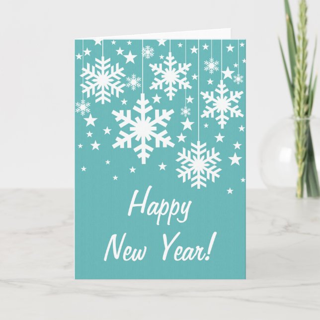 Snowflakes and Stars New Year's Card, Aqua Holiday Card (Front)