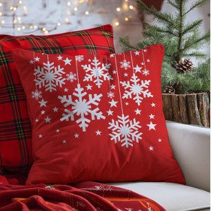 Snowflakes and Stars Pillow, Red Cushion