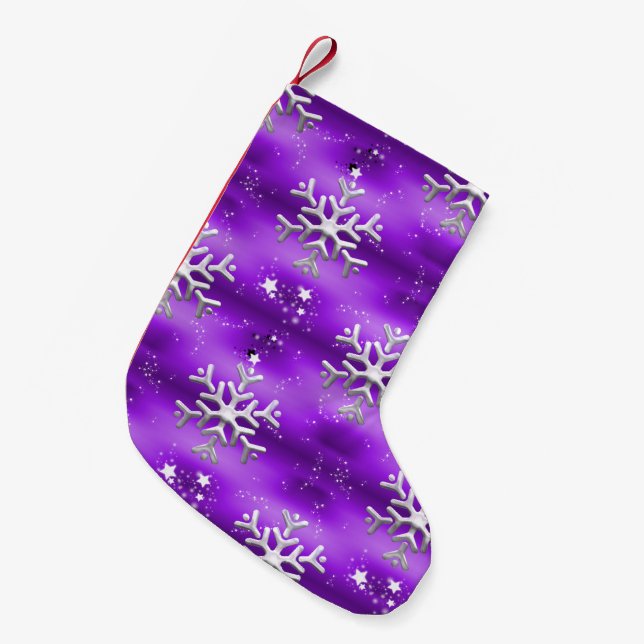 Snowflakes and Stars Purple Christmas Small Christmas Stocking (Front (Hanging))