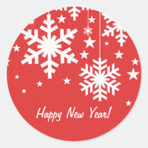 Snowflakes and Stars Stickers, Red Classic Round Sticker