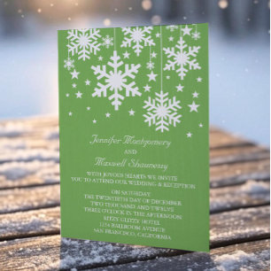 Snowflakes and Stars Wedding Invite, Green Invitation