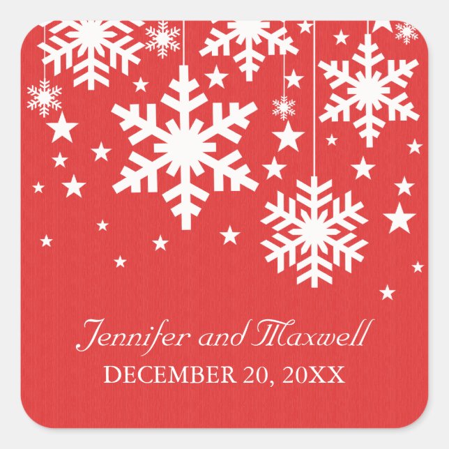 Snowflakes and Stars Wedding Stickers, Red Square Sticker (Front)
