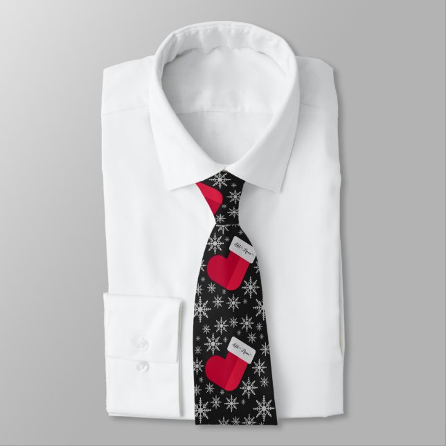 Snowflakes and Stocking Add Name Funny Christmas Tie (Tied)