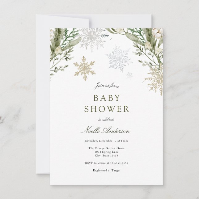 Snowflakes and Winter Greenery Baby Shower Invitation (Front)