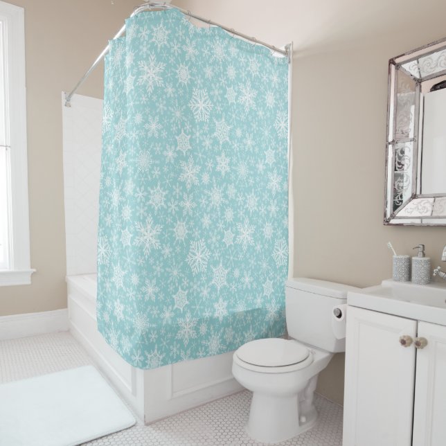 Snowflakes Aqua Blue Teal Christmas Shower Curtain (In Situ)