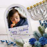 Snowflakes Arched Photo Happy Hanukkah Greeting Acrylic Invitations<br><div class="desc">A simple yet elegant design that captures the spirit of the season — this clear acrylic greeting card features delicate, festive snowflakes scattered across the surface, creating a light and wintry charm. At the centre, an arched photo cutout frames your family's cherished holiday moment, perfectly complementing the card’s unique arched...</div>