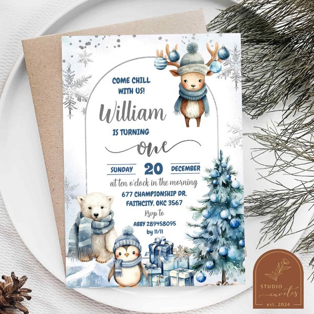 Snowflakes Artic Animals Christmas First Birthday Invitation (Creator Uploaded)