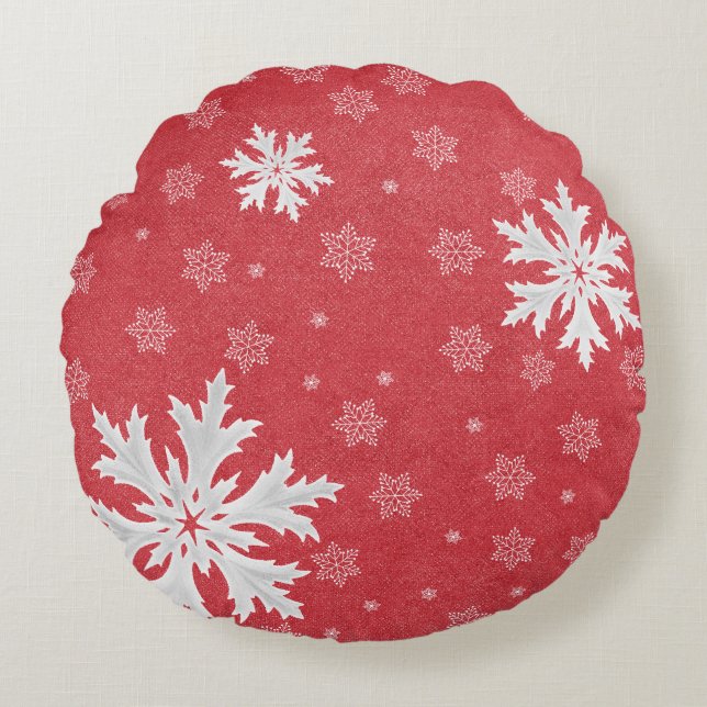 Snowflakes at Christmas Eve Postcard Round Cushion (Front)