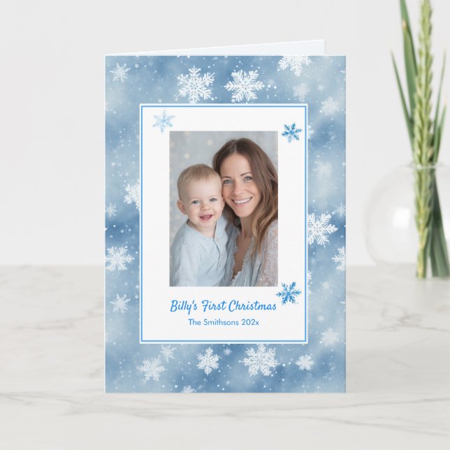 Snowflakes Baby Boy Blue Photo First Christmas Holiday Card (Front)