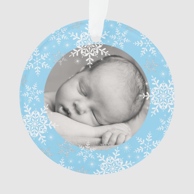 Snowflakes Baby Boy's First Christmas Blue Glitter Ornament (Front)