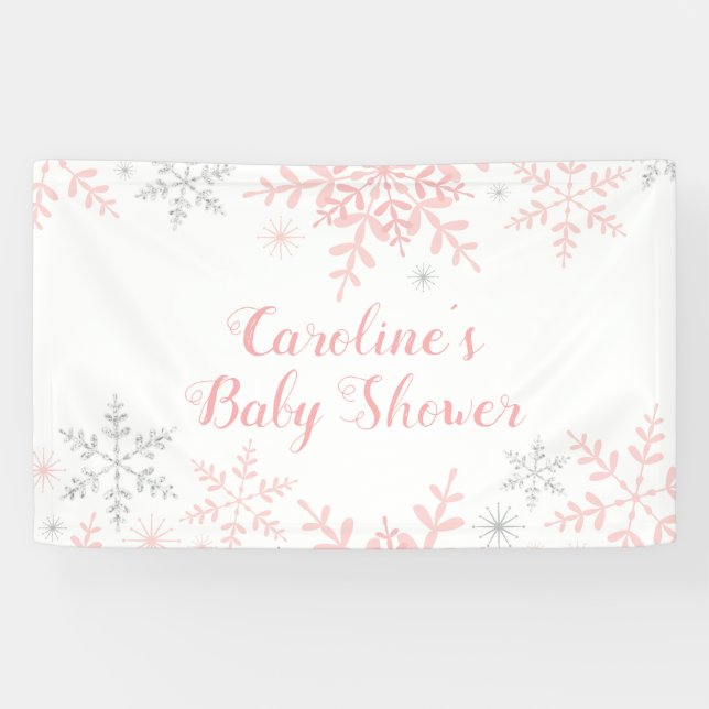 Snowflakes Baby Girl Shower Pink & Silver Glitter Banner (Horizontal)