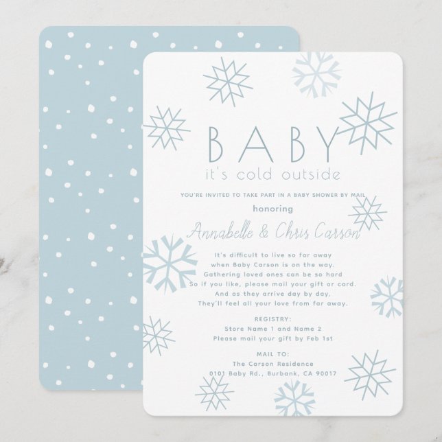 Snowflakes Baby Its Cold Blue Baby Shower by Mail Invitation (Front/Back)