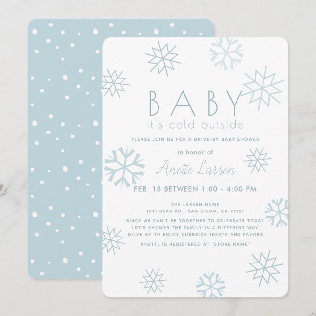 Snowflakes Baby Its Cold Blue Drive-by Baby Showe Invitation (Front/Back)