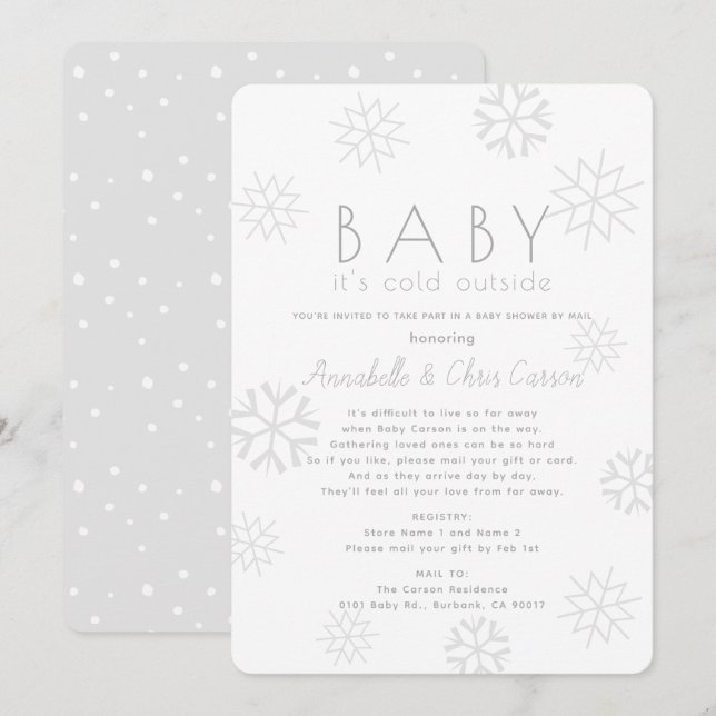 Snowflakes Baby Its Cold Grey Baby Shower by Mail Invitation (Front/Back)
