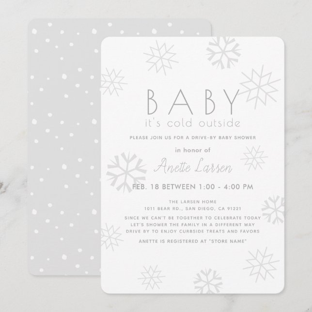 Snowflakes Baby Its Cold Grey Drive-by Baby Shower Invitation (Front/Back)