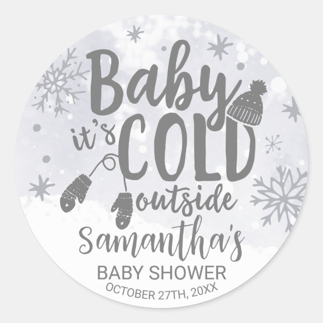 Snowflakes Baby It's Cold Outside Baby Shower Clas Classic Round Sticker (Front)