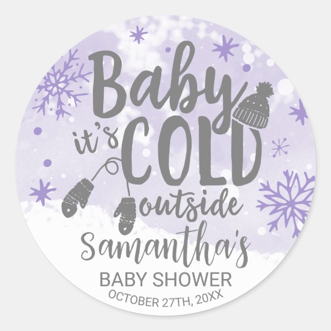 Snowflakes Baby It's Cold Outside Baby Shower Classic Round Sticker (Front)