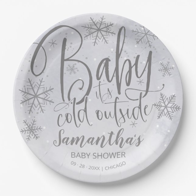 Snowflakes Baby It's Cold Outside Baby Shower  Pap Paper Plate (Front)