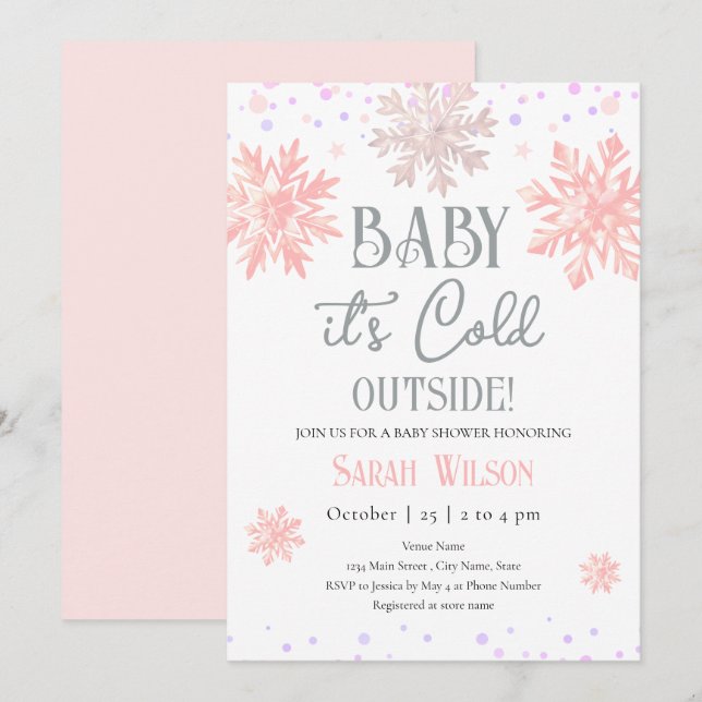 Snowflakes Baby It's Cold Outside Baby Shower Pink Invitation (Front/Back)