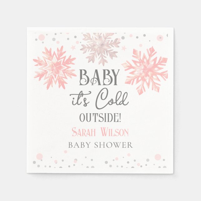 Snowflakes Baby it's cold outside baby shower Pink Napkin (Front)