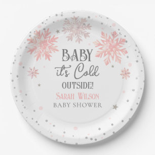 Snowflakes Baby it's cold outside baby shower pink Paper Plate