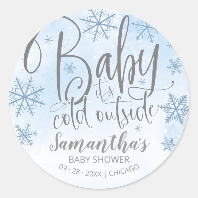 Snowflakes Baby It's Cold Outside Boy Baby Shower  Classic Round Sticker (Front)