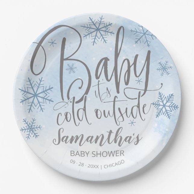 Snowflakes Baby It's Cold Outside Boy Baby Shower  Paper Plate (Front)