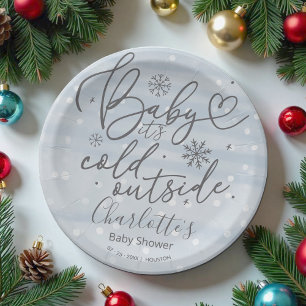 Snowflakes Baby It's Cold Outside Boy Baby Shower Paper Plate