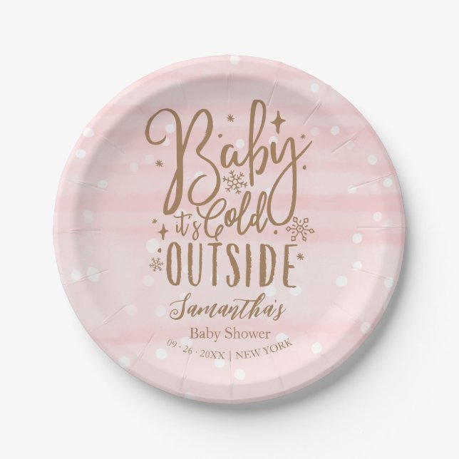 Snowflakes Baby It's Cold Outside Girl Baby Shower Paper Plate (Front)