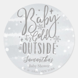 Snowflakes Baby It's Cold Outside Grey Baby Shower Classic Round Sticker