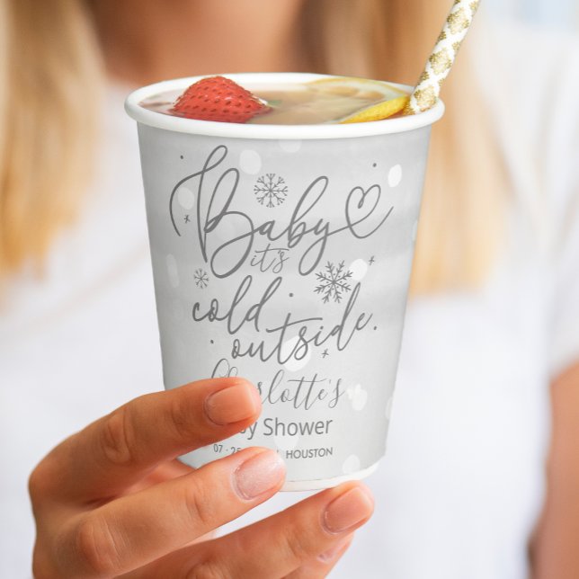 Snowflakes Baby It's Cold Outside Grey Baby Shower Paper Cups (Creator Uploaded)