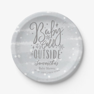 Snowflakes Baby It's Cold Outside Grey Baby Shower Paper Plate