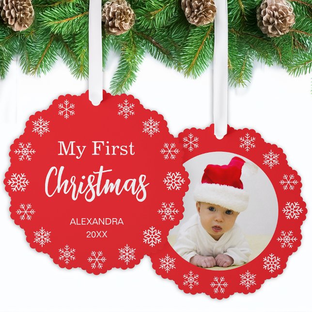 Snowflakes Baby Photo My First Christmas Red White Tree Decoration Card (Creator Uploaded)