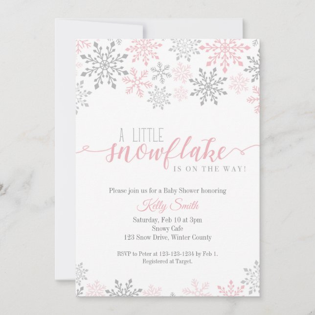 Snowflakes Baby Shower, Baby Girl, Pink Winter Invitation (Front)