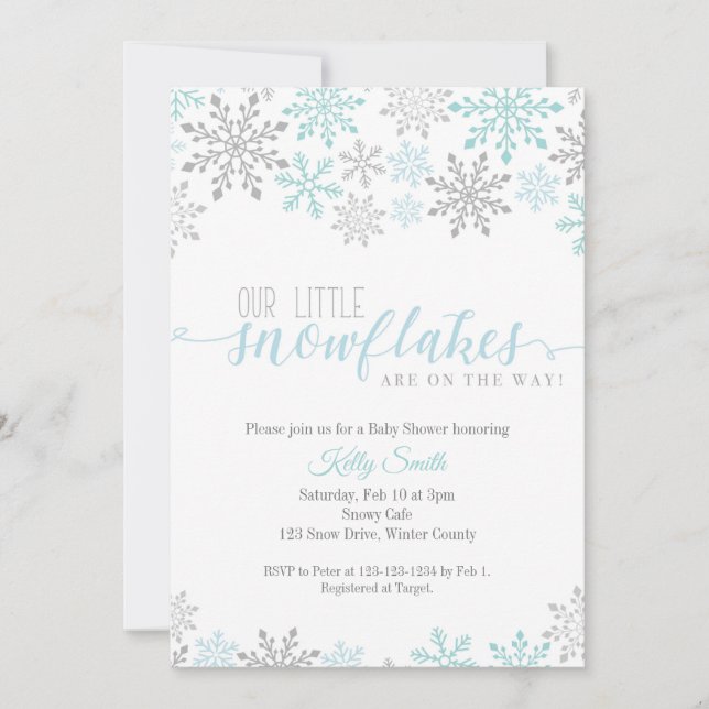Snowflakes Baby Shower, Twin Boys, Blue Winter Invitation (Front)