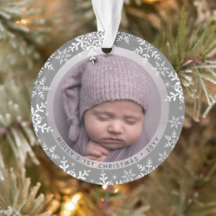 Snowflakes Baby's First Christmas Name Year Photo Ornament