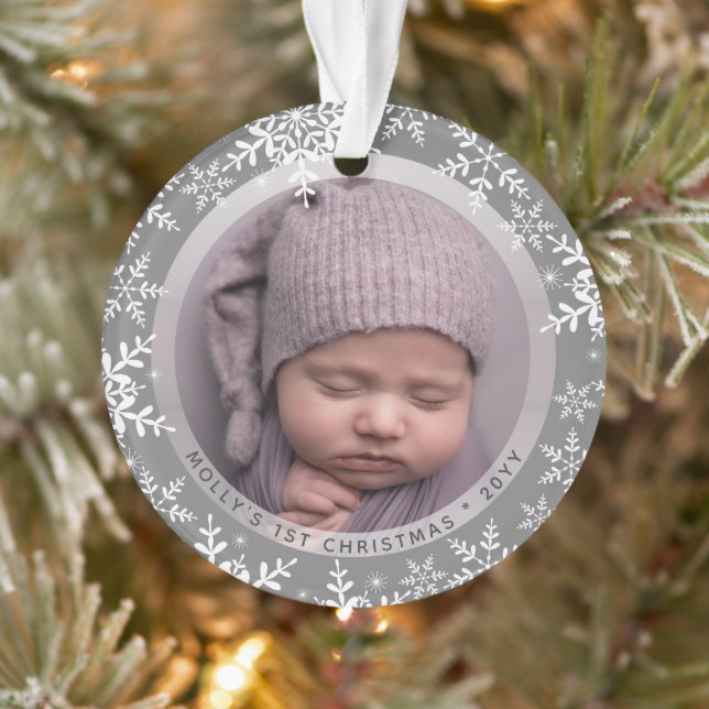 Snowflakes Baby's First Christmas Name Year Photo Ornament (Tree)