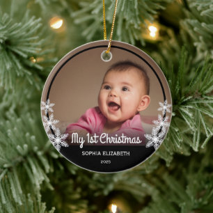 Snowflakes Baby's First Christmas Photo Black Ceramic Tree Decoration