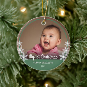 Snowflakes Baby's First Christmas Photo Green Ceramic Tree Decoration