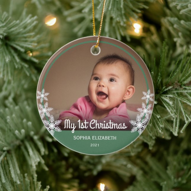 Snowflakes Baby's First Christmas Photo Green Ceramic Tree Decoration (Tree)