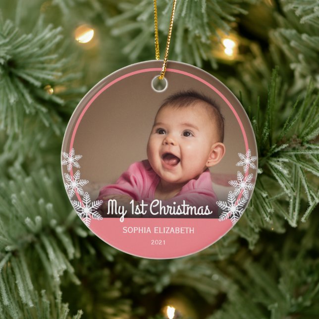 Snowflakes Baby's First Christmas Photo Pink Ceramic Tree Decoration (Tree)