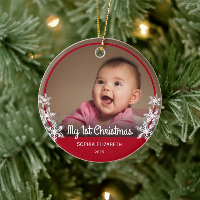 Snowflakes Baby's First Christmas Photo Red Ceramic Tree Decoration (Tree)