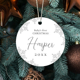 Snowflakes Baby's First Christmas Script Name Metal Tree Decoration