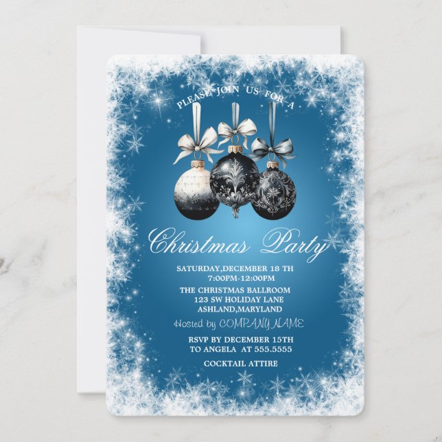 Snowflakes,Balls, Blue Christmas Party Invitation (Front)