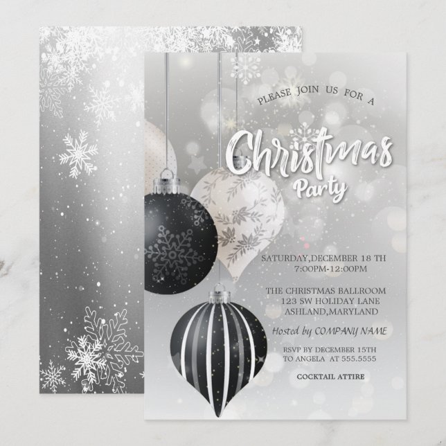 Snowflakes,Balls Silver Christmas Company Invitation (Front/Back)