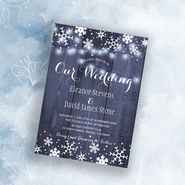 Snowflakes barn blue wood winter rustic wedding invitation (Creator Uploaded)