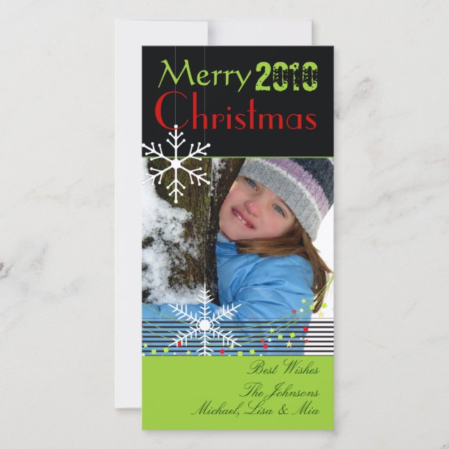 Snowflakes ~ black and white christmas, green trim holiday card (Front)