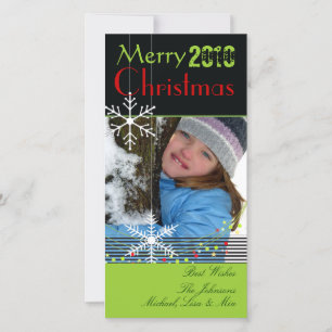 Snowflakes ~ black and white christmas, green trim holiday card