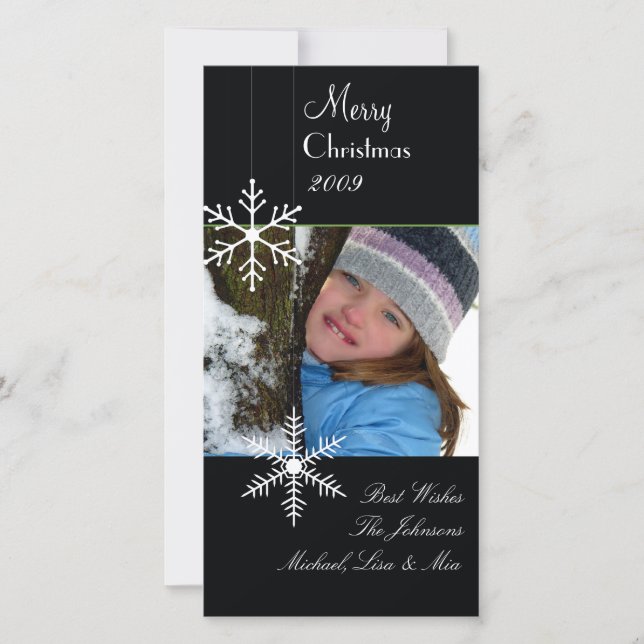 Snowflakes ~ black and white christmas, green trim holiday card (Front)