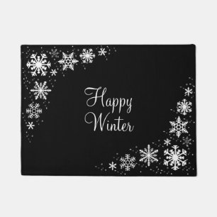 Snowflakes Black and White Happy Winter Doormat